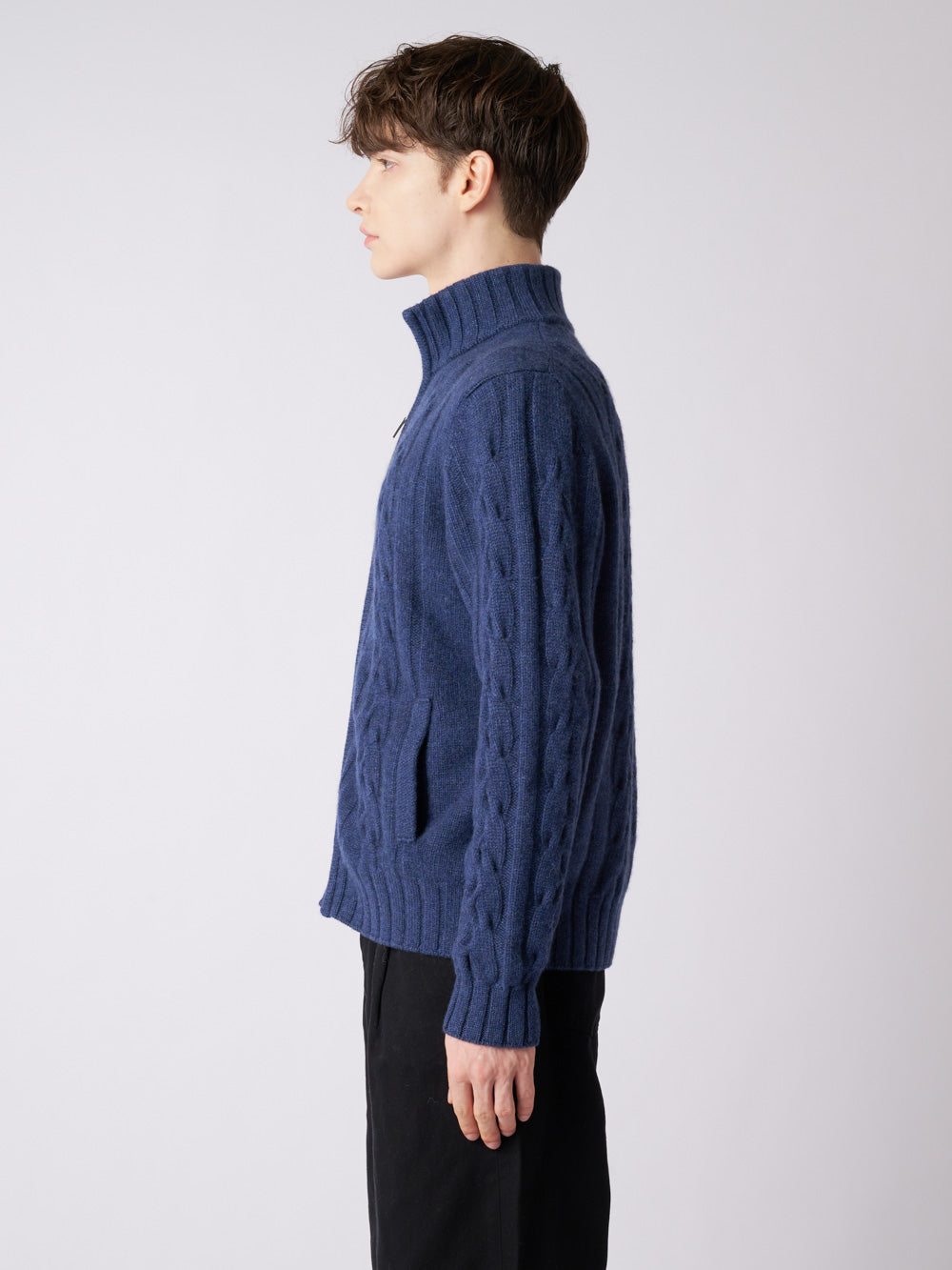 【日本製】カシミヤ100% ケーブル編み ジップ ジャケット メンズ