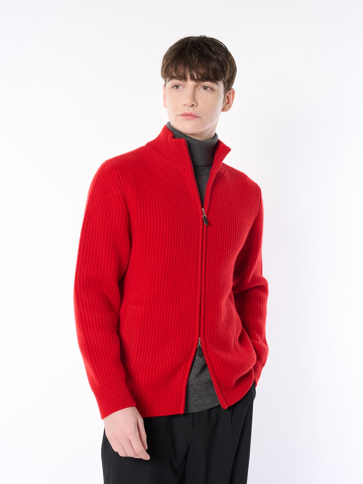 【日本製】カシミヤ100% 両畦編み ジップ ジャケット メンズ
