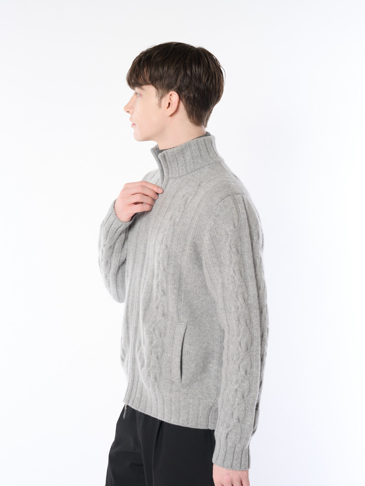 【日本製】カシミヤ100% ケーブル編み ジップ ジャケット メンズ
