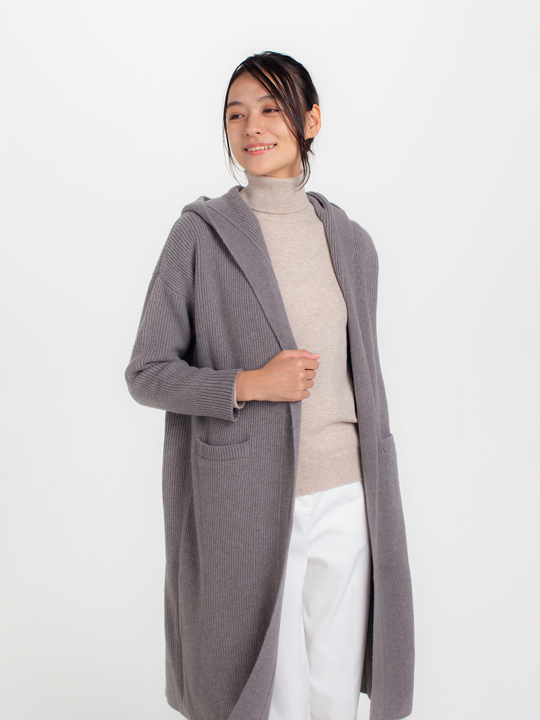 日本製】カシミヤ100% 両畦編み フーデット ロングカーディガン  