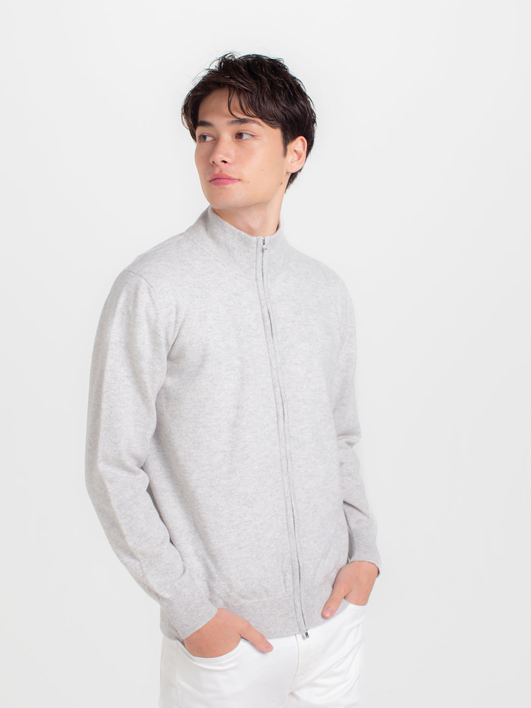 日本製 カシミヤ100% 高級ニット メンズ ハイネック ジップ カーディガン オーダーメイド