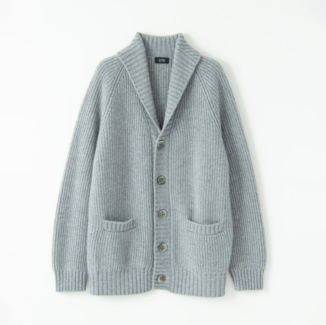 【日本製】カシミヤ100% 両畦編み ショールカラー カーディガン メンズ