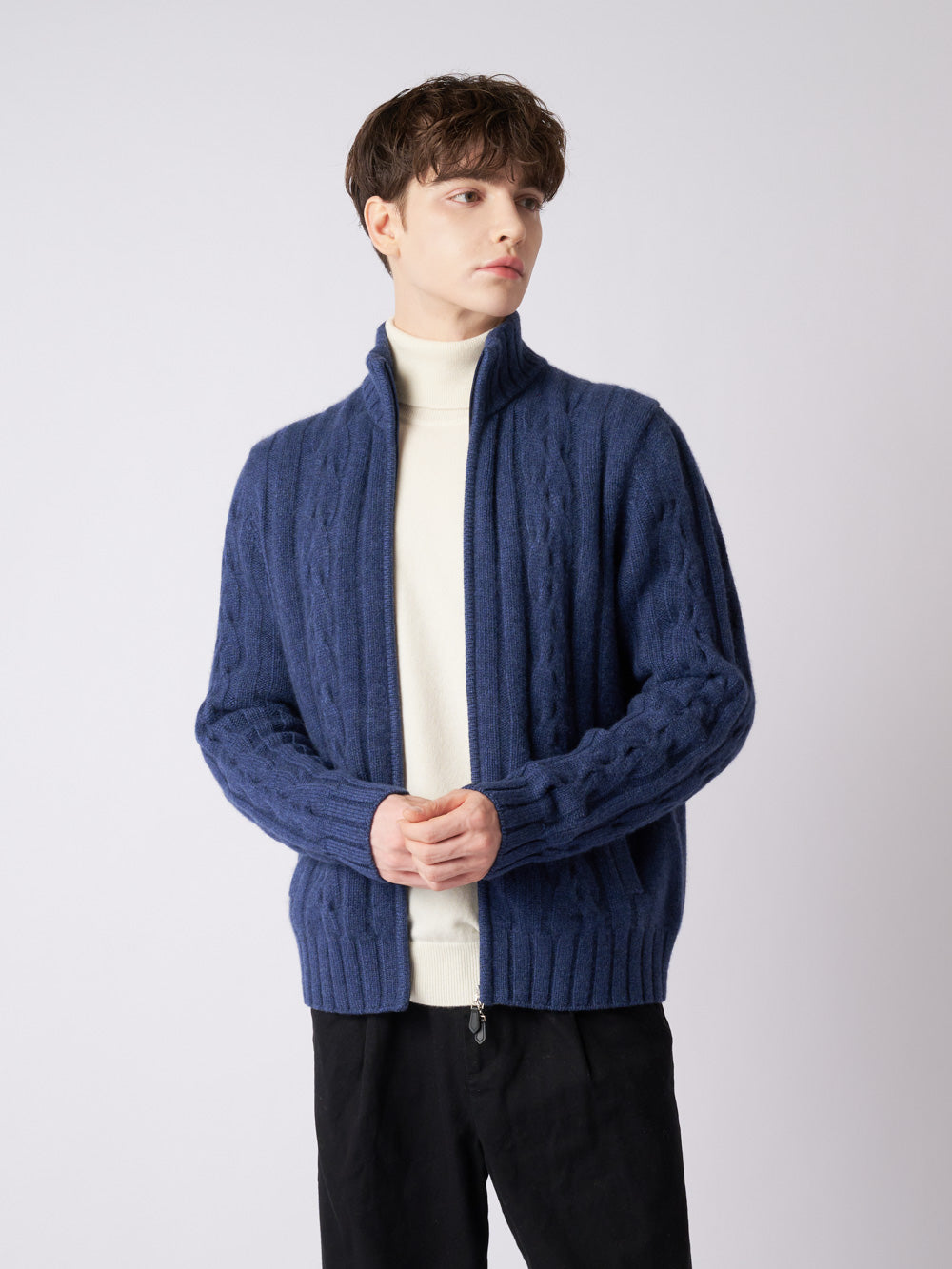 【日本製】カシミヤ100% ケーブル編み ジップ ジャケット メンズ