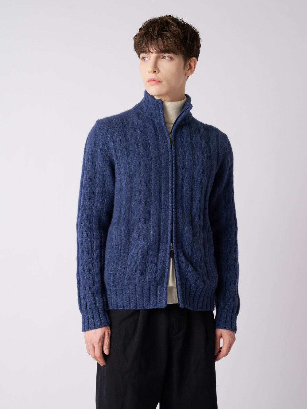 【日本製】カシミヤ100% ケーブル編み ジップ ジャケット メンズ