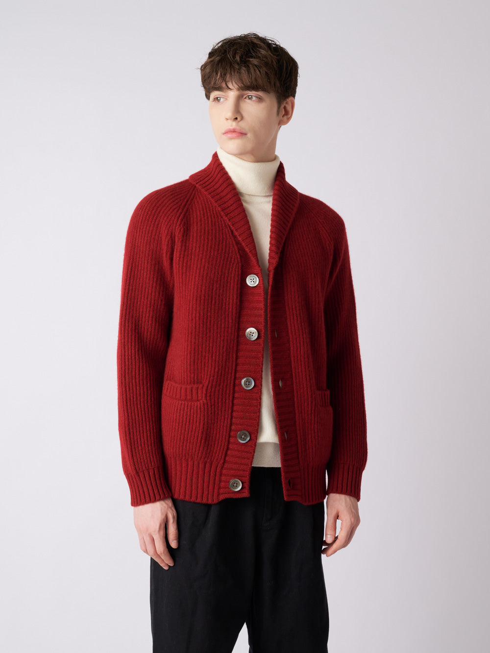 【日本製】カシミヤ100% 両畦編み ショールカラー カーディガン メンズ