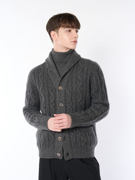 美品/希少色 BALLANTYNE ピュアカシミア100% リブ切替カーディガン 日本製】カシミヤ100% ケーブル編み ショールカラー カーディガン メンズ