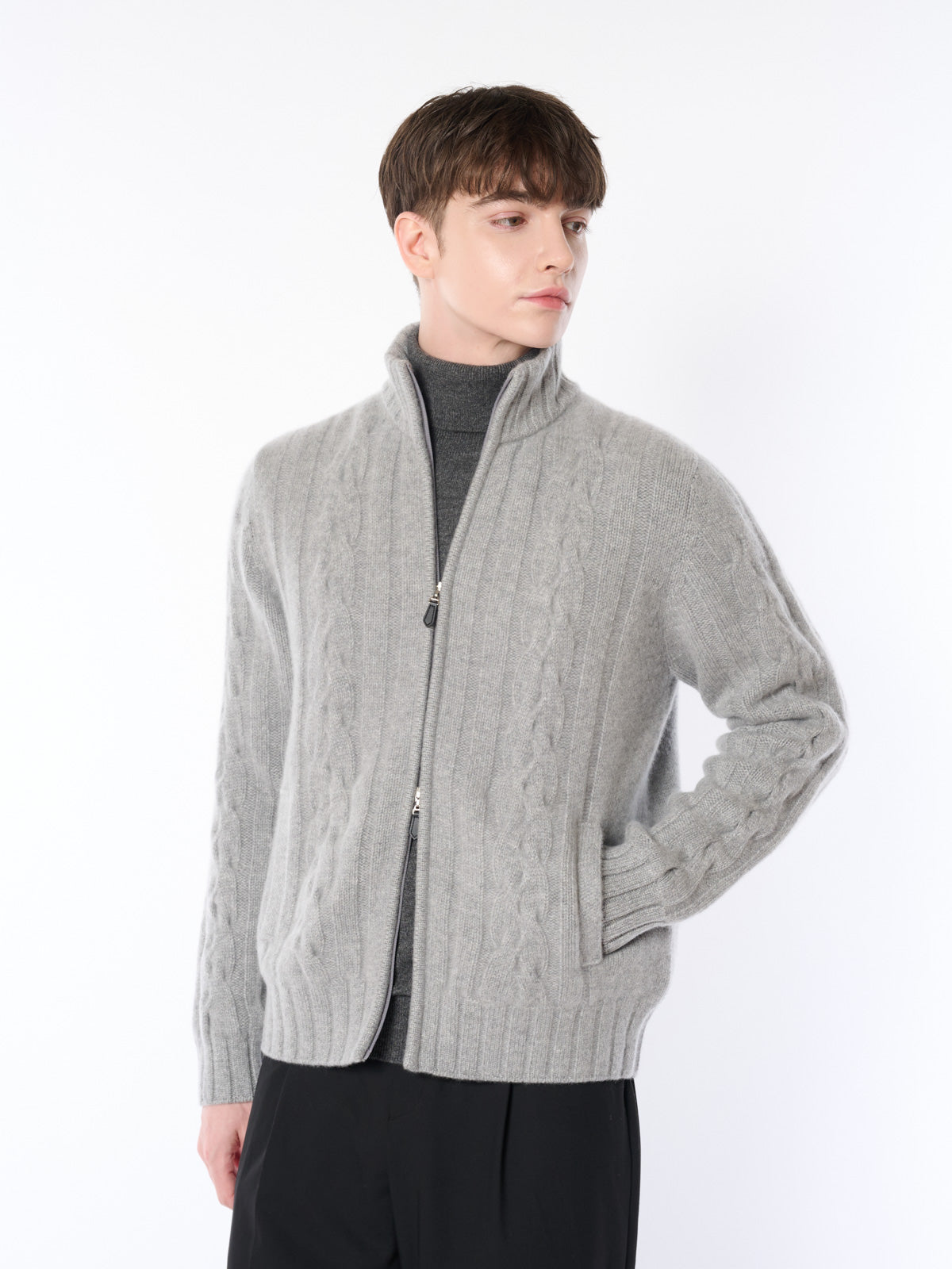 [Made in Japan] 100% Cashmere Cable Knit Zip Jacket for Men