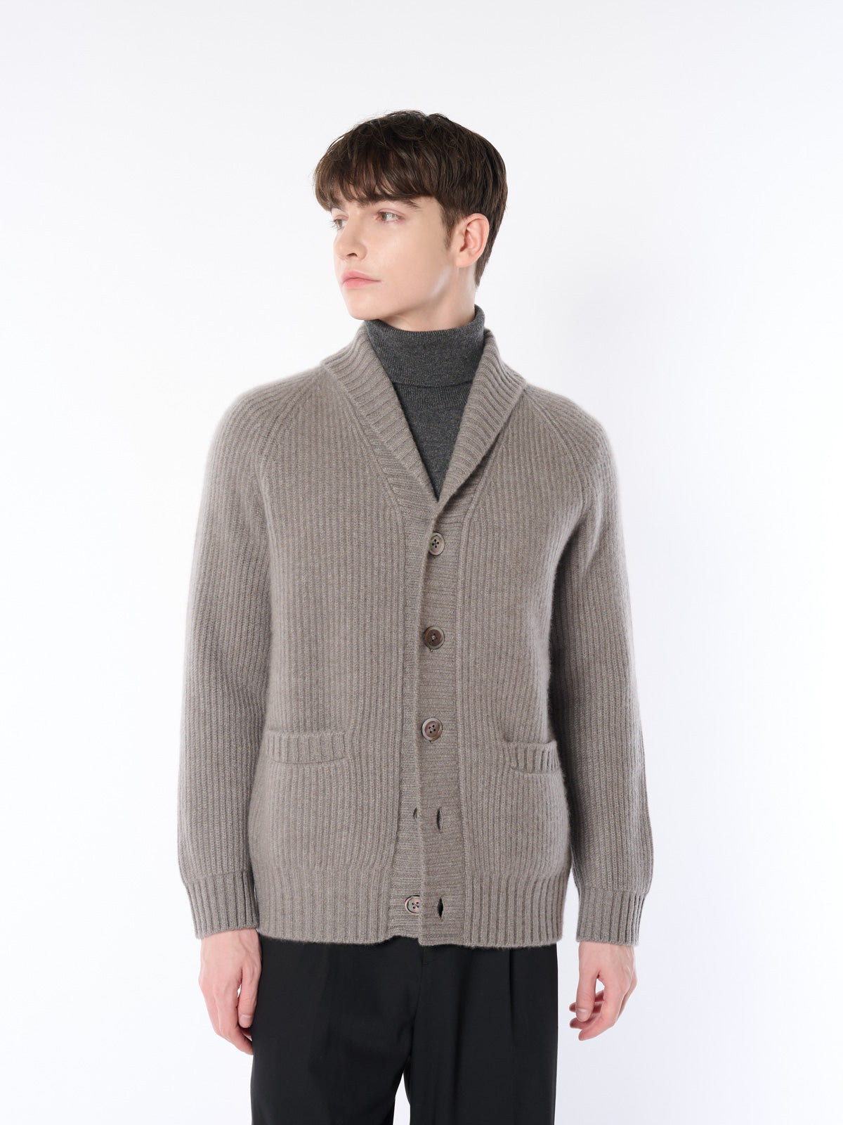 [Made in Japan] 100% Cashmere Double-Ribbed Shawl Collar Cardigan for Men