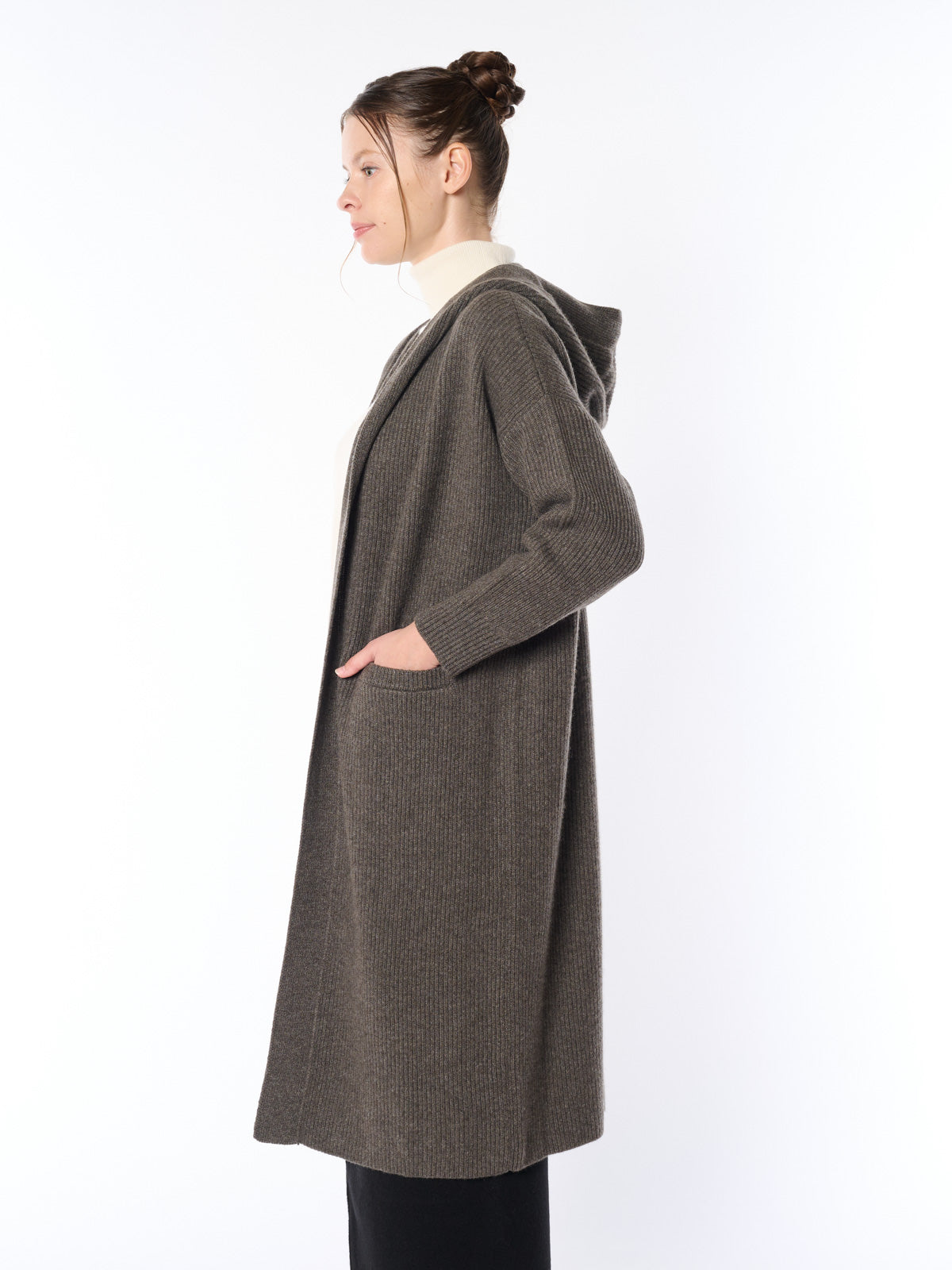 【日本製】カシミヤ100% 両畦 フーデッドロングカーディガン
