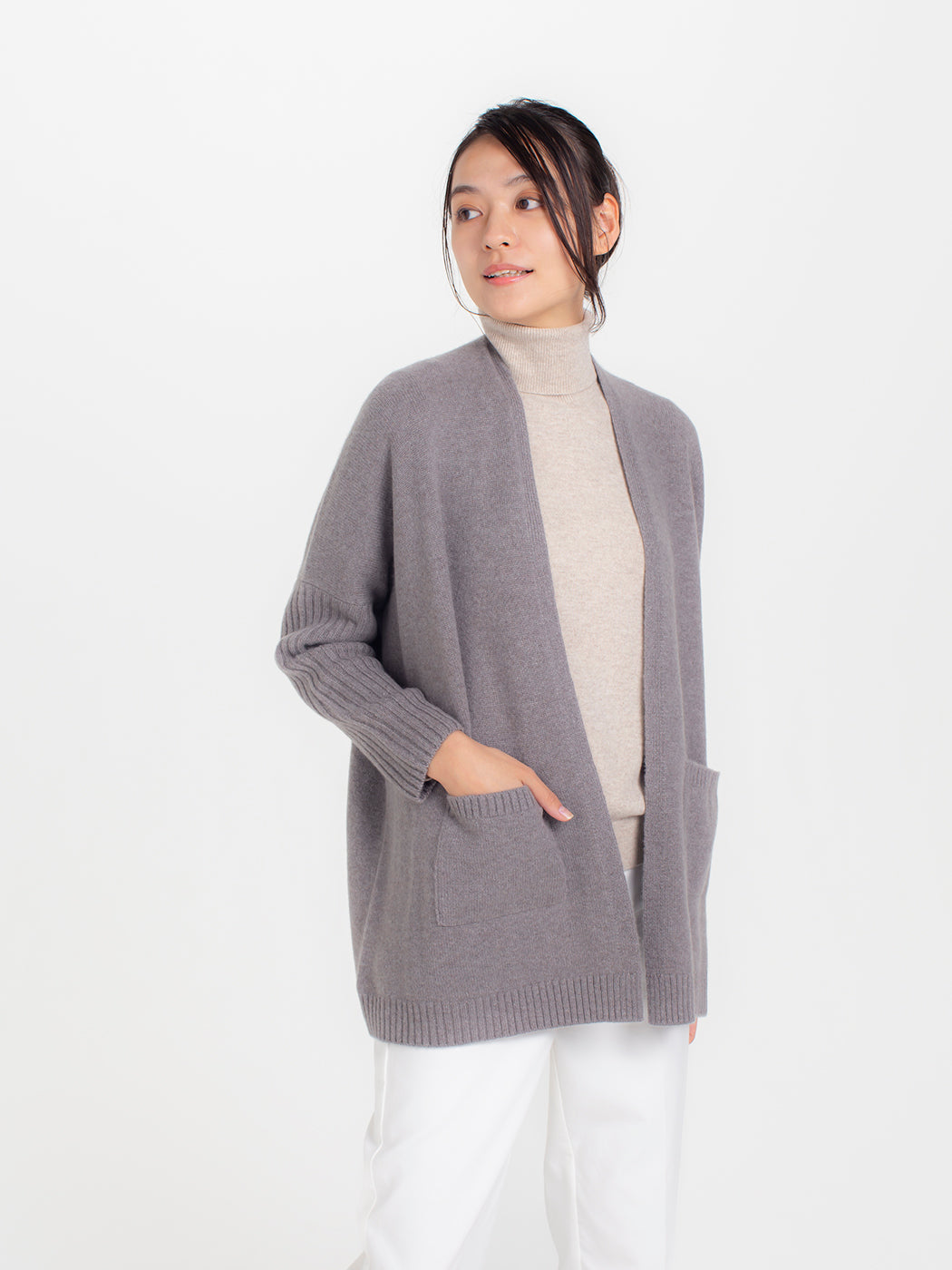 100% cashmere rib sleeve open front cardigan