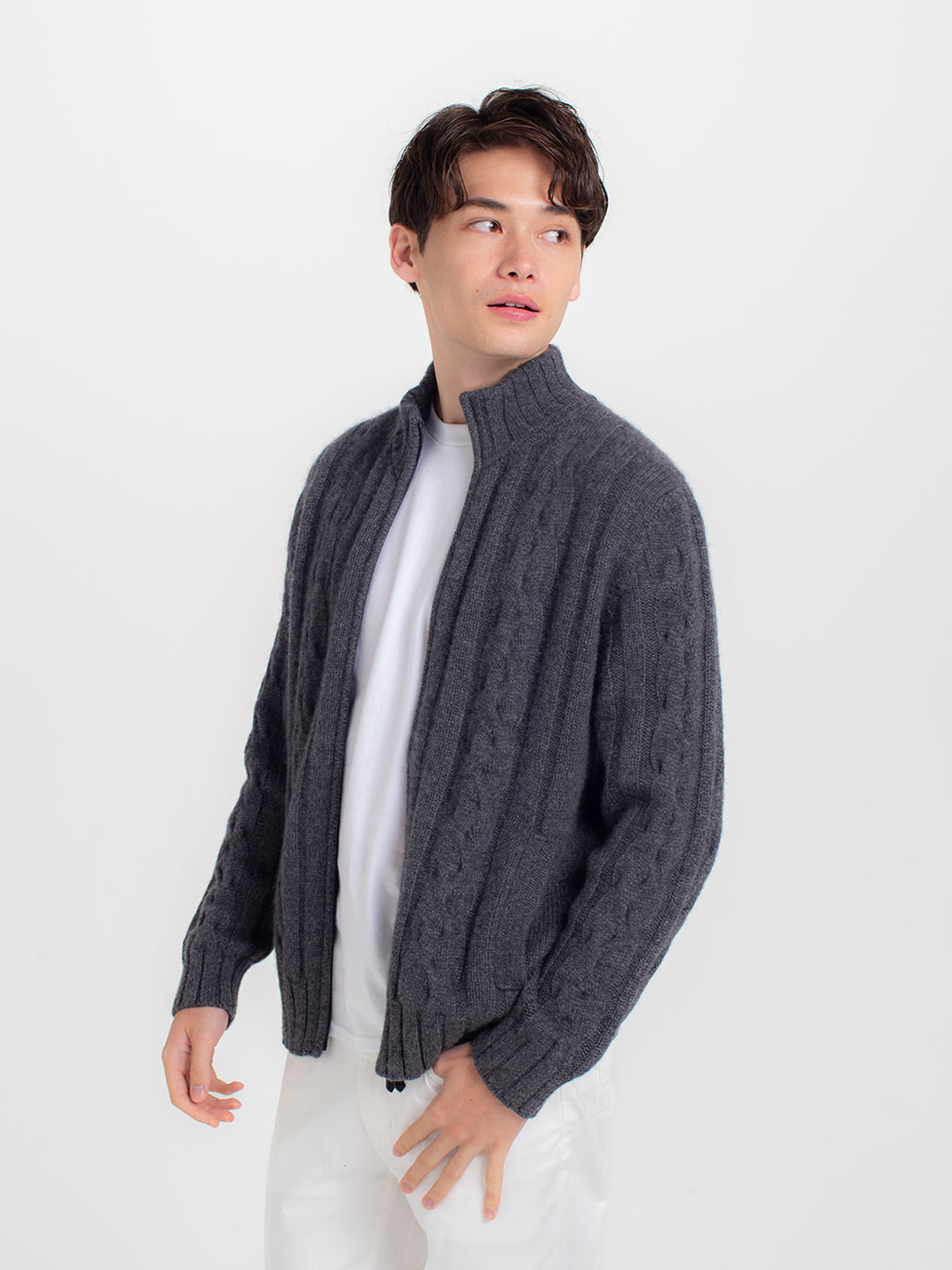 日本製】カシミヤ100% ケーブル編み ジップ ジャケット メンズ