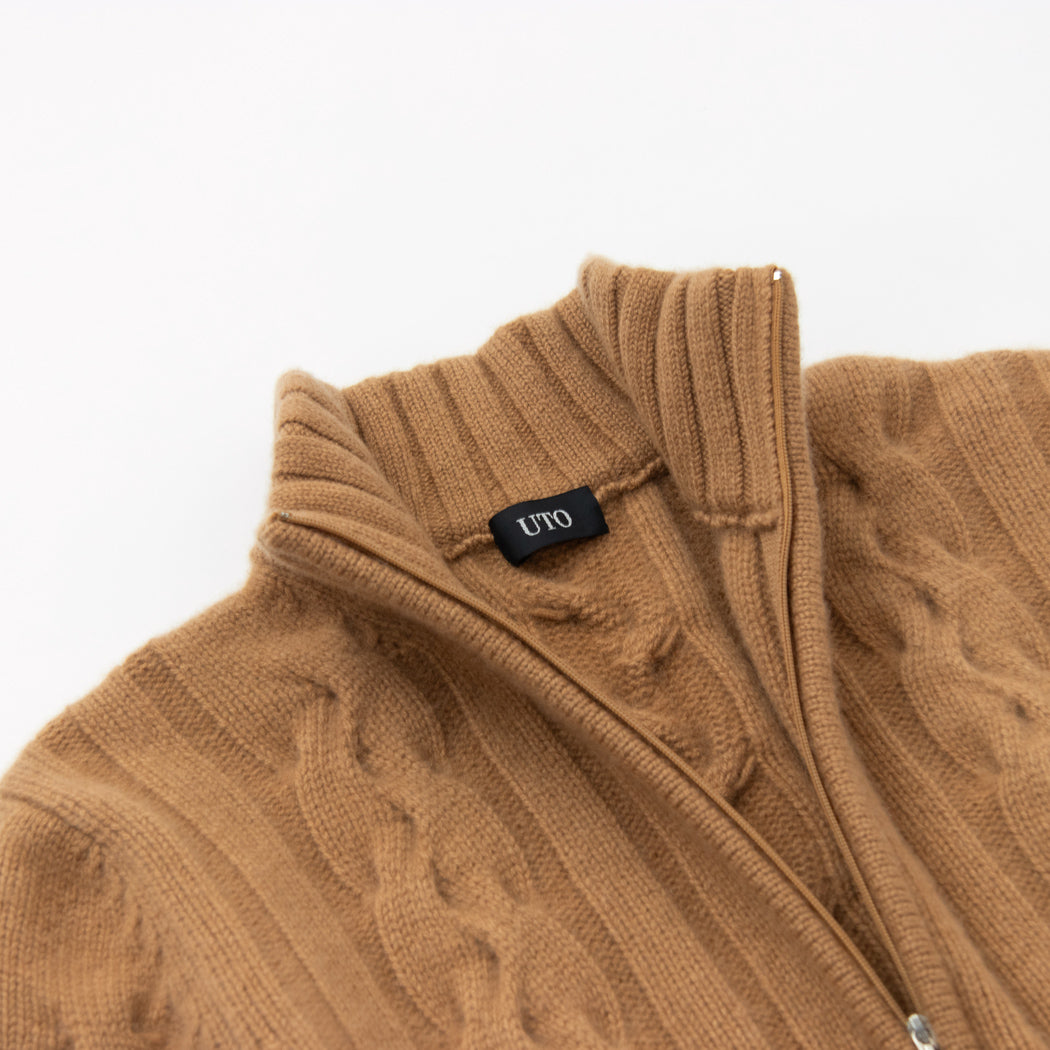 【日本製】カシミヤ100% ケーブル編み ジップ ジャケット メンズ