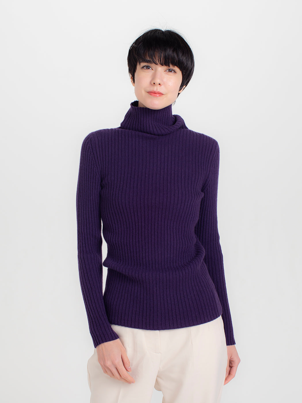 细川蓝 100%羊绒罗纹高领毛衣【女式日本制,可水洗】