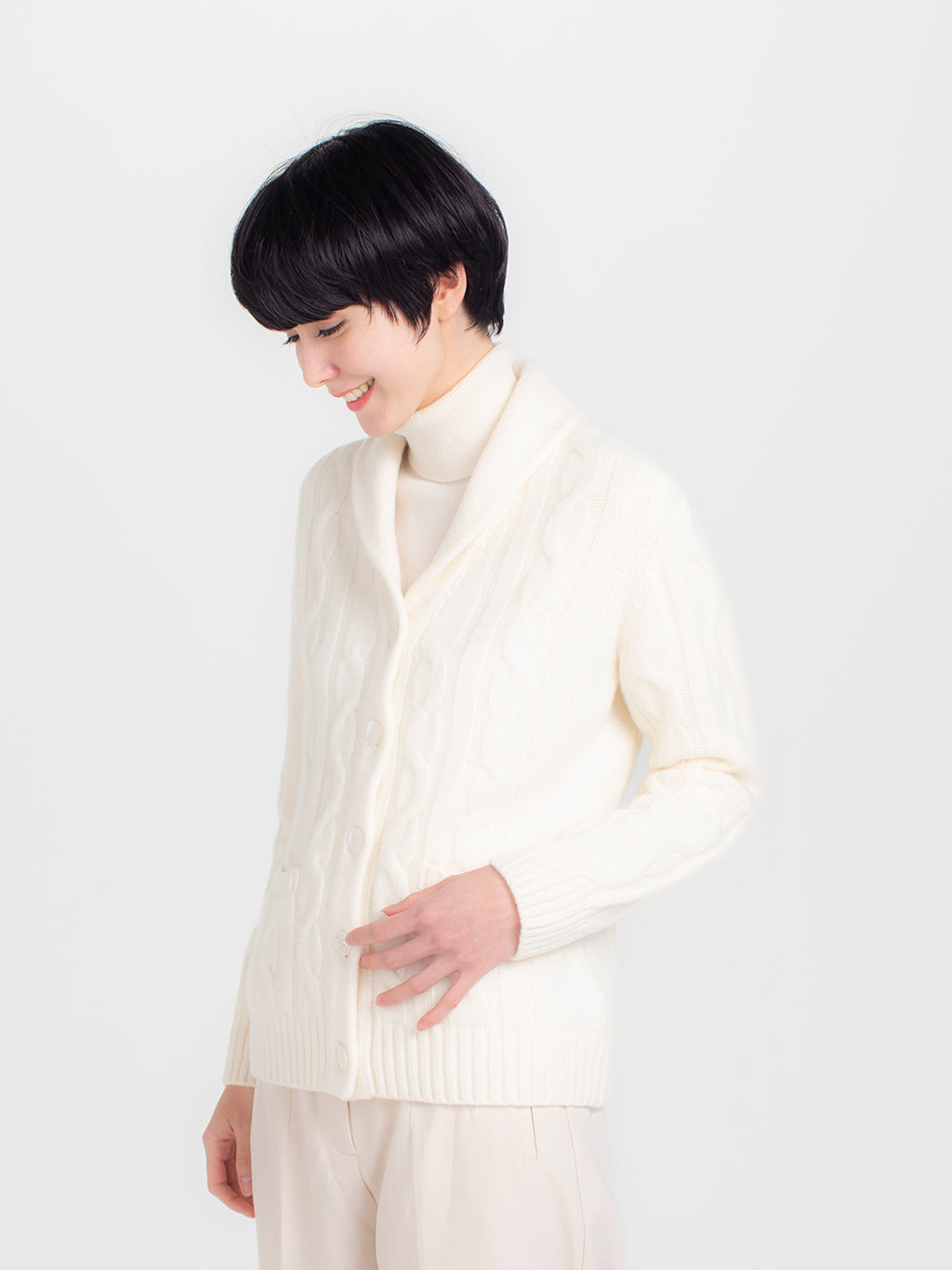 日本製】カシミヤ100% ケーブル編み ショールカラー カーディガン 