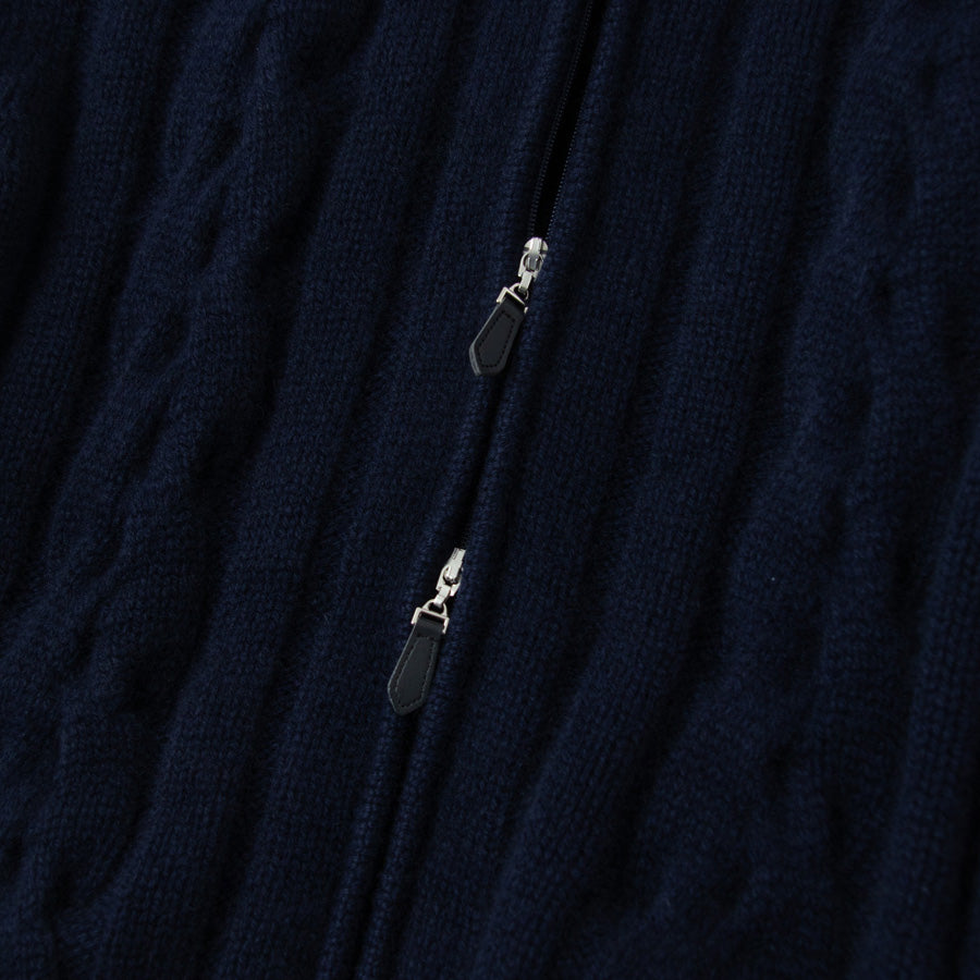 カスタムオーダー 日本製高級カシミヤニットのメンズケーブル編みジップジャケット
